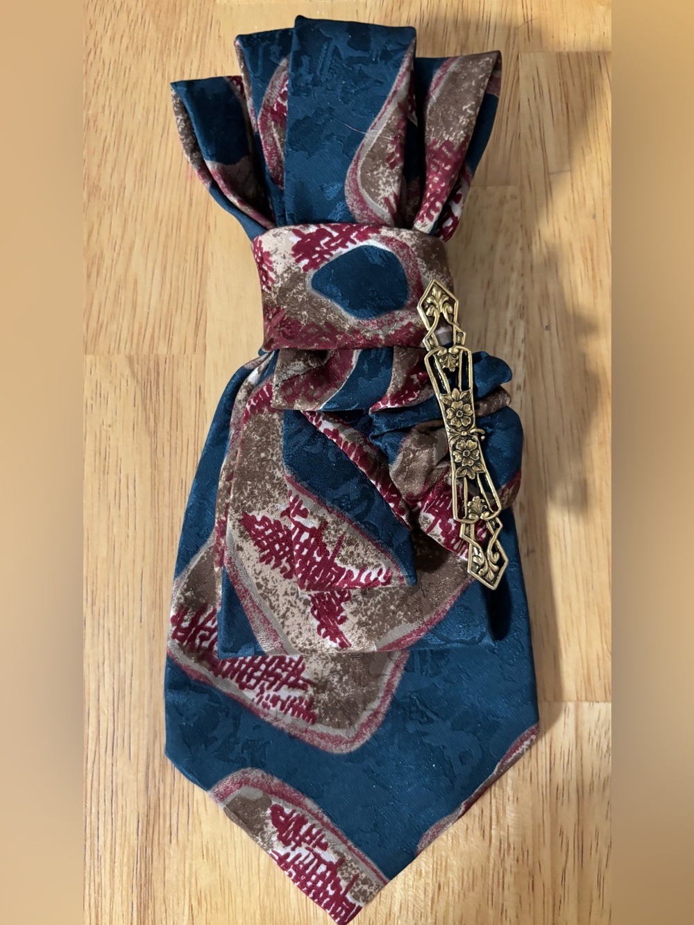 Vintage-Inspired Teal Paisley Necktie Necklace with Gold Brooch